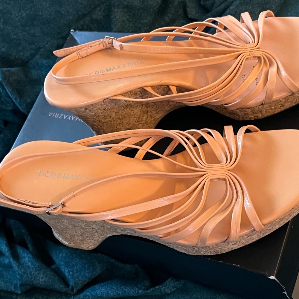 BCBG  Beautiful Cork Heeled Sandals, worn twice. Salmon/apricot color in size 7
